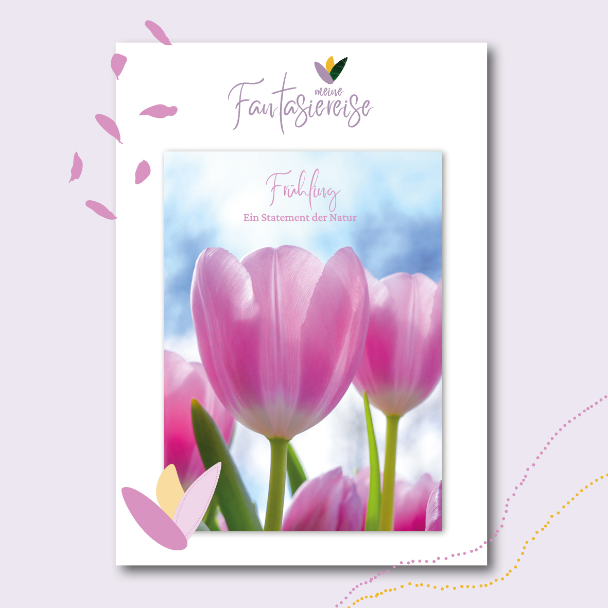 Das Cover für die entspannende Fantasiereise "Frühling - Ein Statement der Natur" zeigt rosafarbene Tulpen vor blauem Himmel.